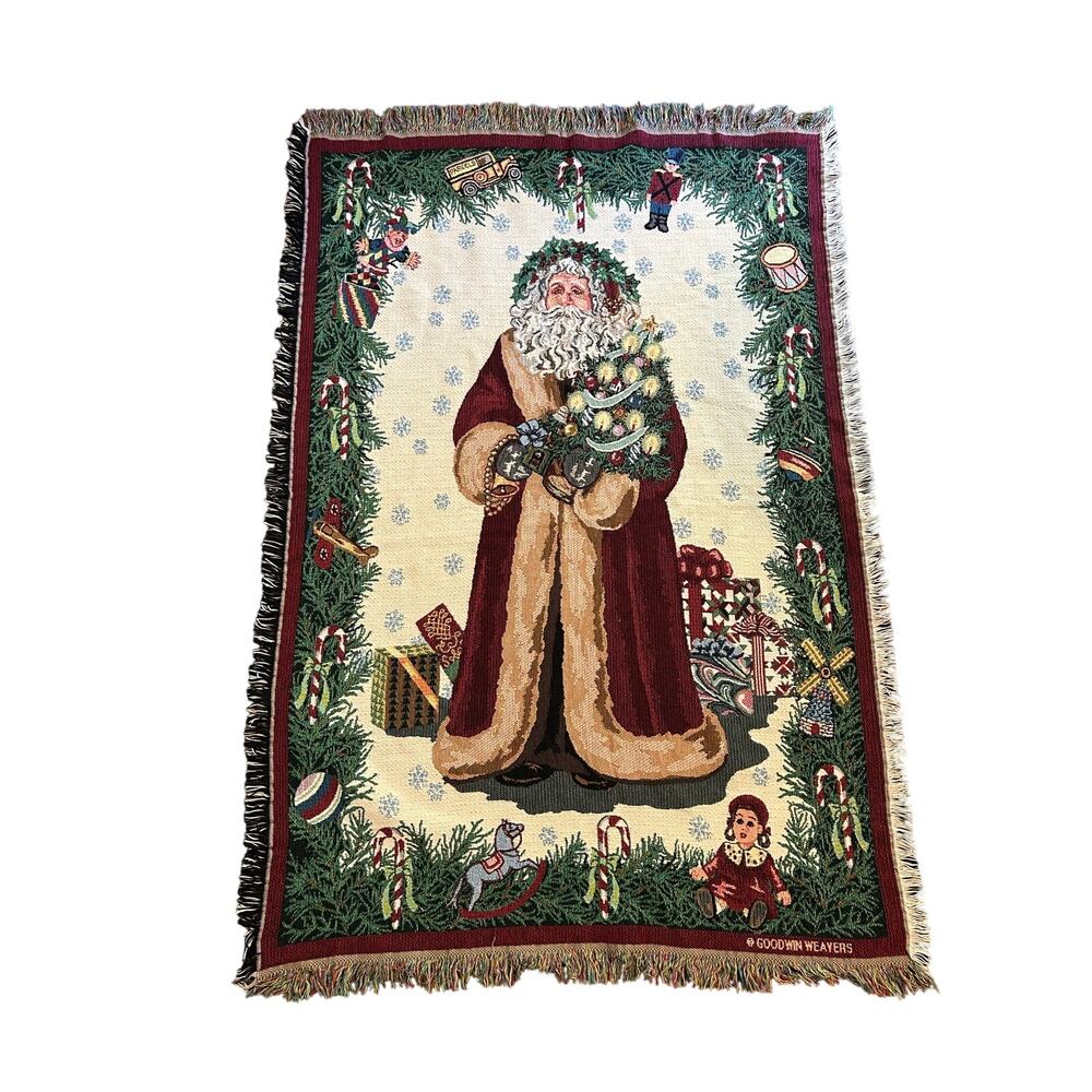 Vintage Goodwin Weaver Old World Christmas Santa Tapestry Fringe Throw Blanket